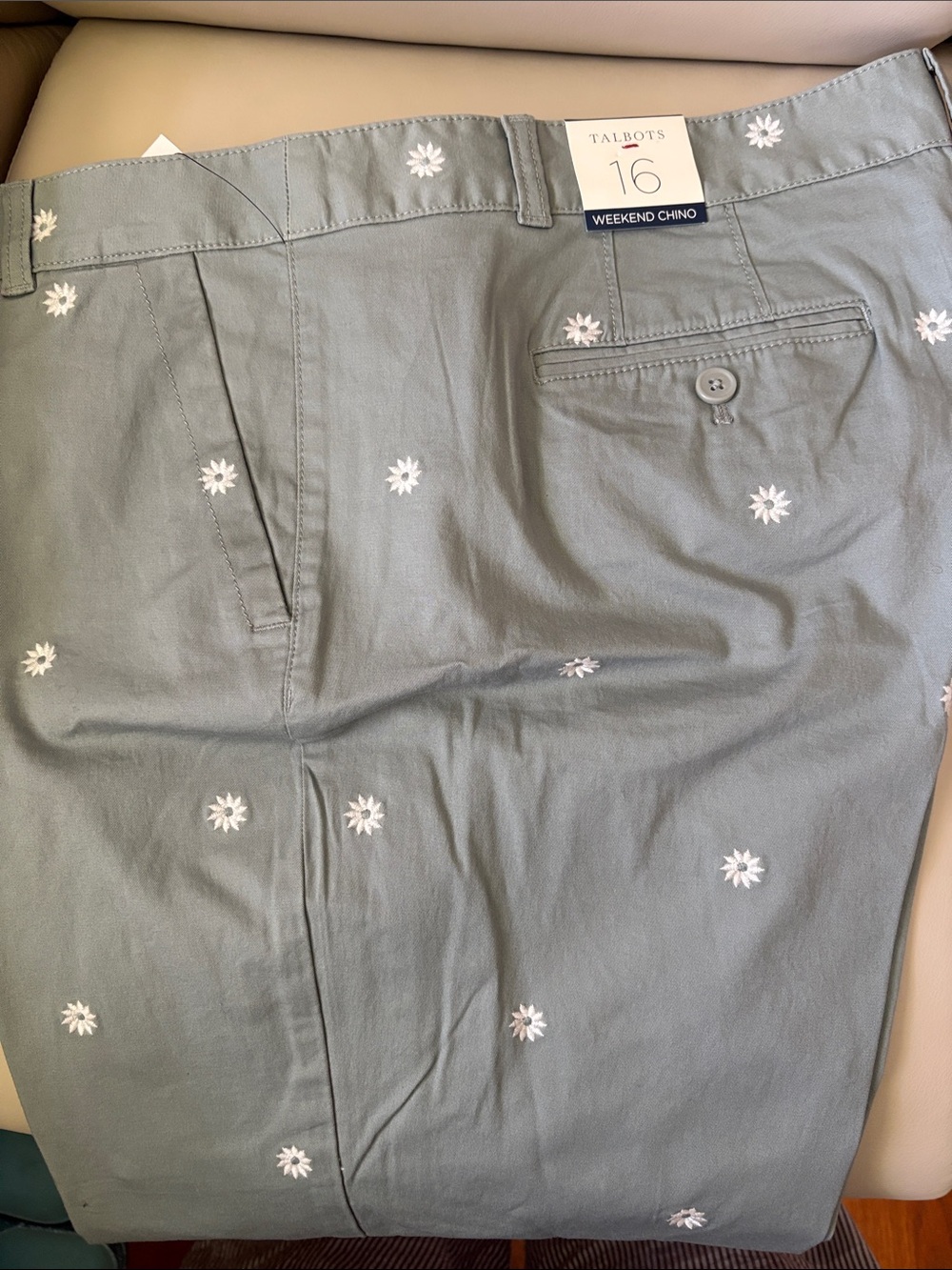 Talbots Sage Green Weekend Chino Pants with White Daisy Embroidery